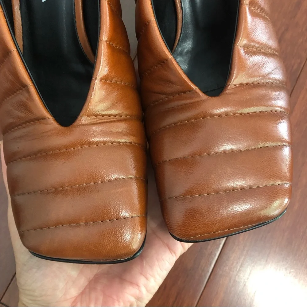 Halmanera Italy well man crafted leather quilted padded square toe cognac pump - Picture 12 of 16